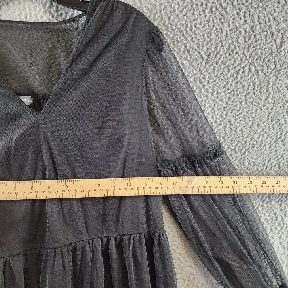 VINCE CAMUTO Mesh Ruffled Dress Women's S Black V-Neck Long Sleeves Pullover - Picture 7 of 13